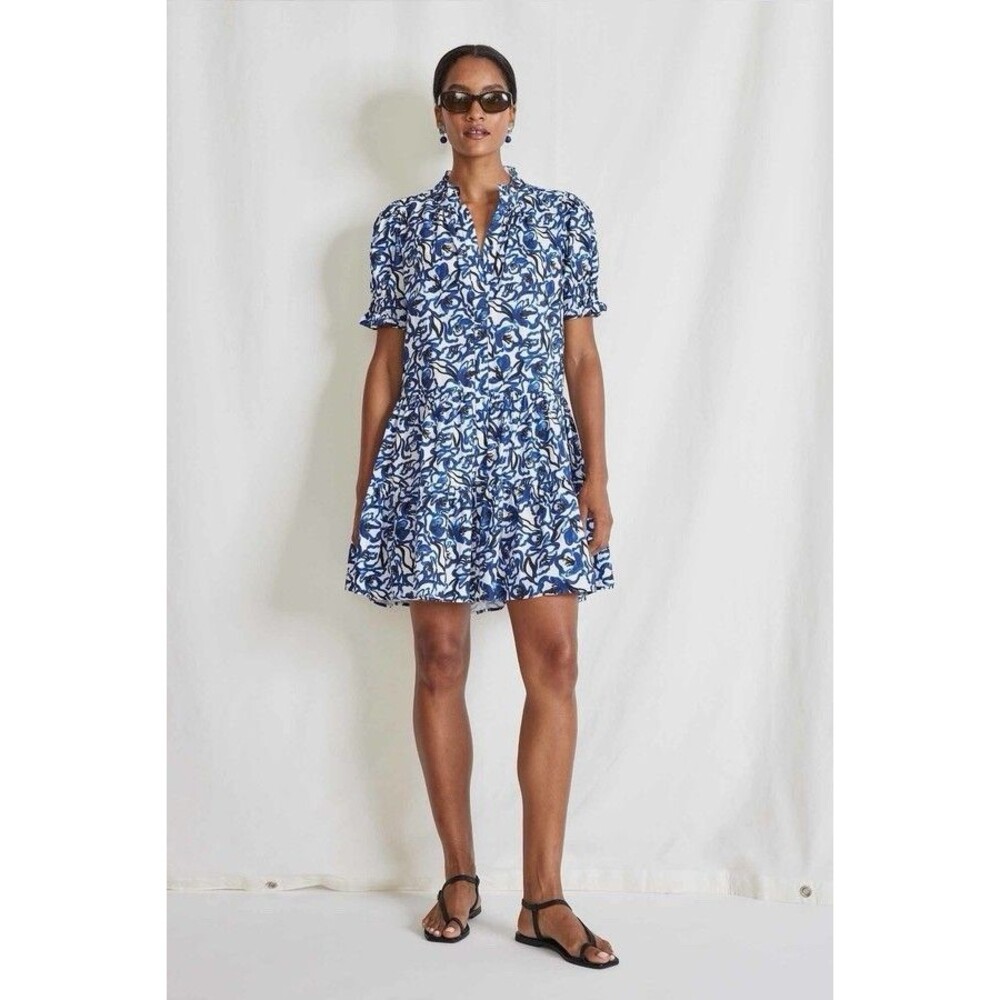 Apiece Apart Las Alturas Blue Floral Print Short Sleeve Cotton Mini Dress Size S